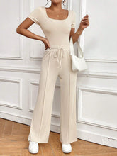 Light Apricot Bodysuit With Square Neck Short Sleeve Top And Drawstring Straight Pants Set